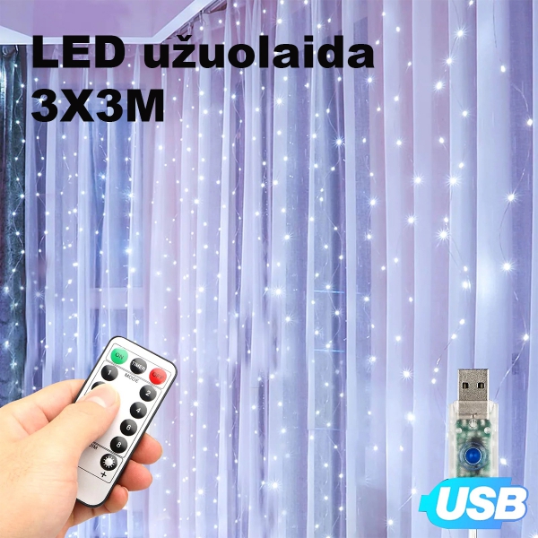 LED USB Užuolaida - Girlianda, šaltai balta