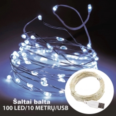 LED girlianda su USB jungtimi, 10 m, 100 LED, šaltai balta