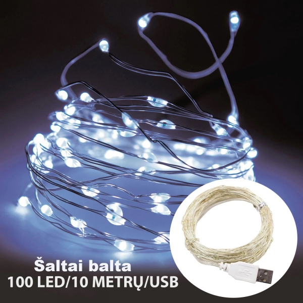 LED girlianda su USB jungtimi, 10 m, 100 LED, šaltai balta