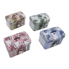 Metalinis taupyklės seifas su spynelė ir euro banknotų dizainu