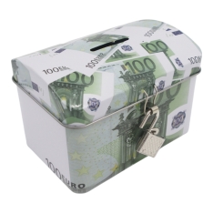 Metalinis taupyklės seifas su spynelė ir euro banknotų dizainu