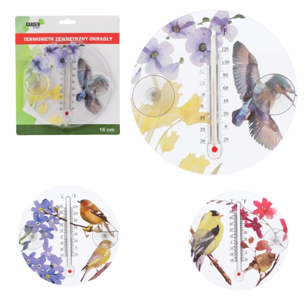 Apvalus lauko termometras su dekoratyviniu paukščių motyvu