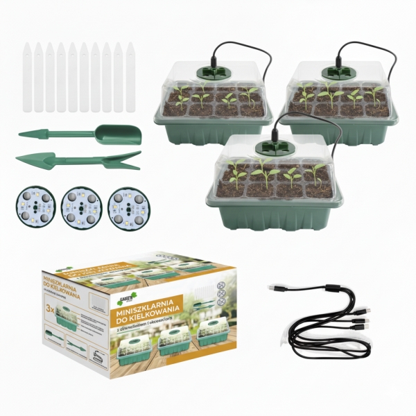 Mini šiltnamių rinkinys daiginimui su LED apšvietimu – 3 vnt.