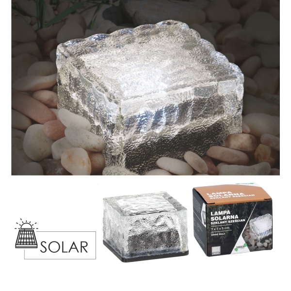 Stiklinė saulės lempa – kubas 7 × 7 × 5 cm, šaltai balta LED