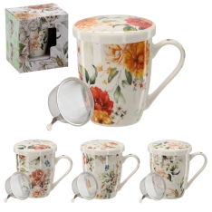 Porcelianinis puodelis su sieteliu ir dangteliu 340 ml – gėlių raštų mix