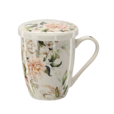 Porcelianinis puodelis su sieteliu ir dangteliu 340 ml – gėlių raštų mix