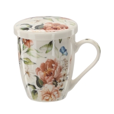 Porcelianinis puodelis su sieteliu ir dangteliu 340 ml – gėlių raštų mix