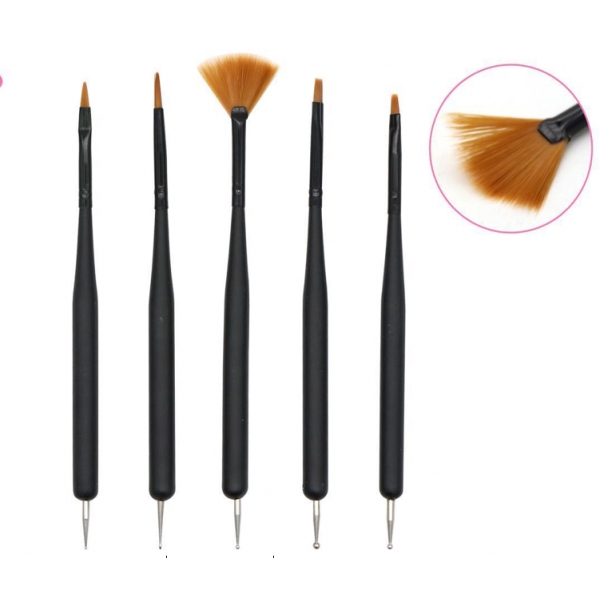 Dvipusių nagų dailės teptukų rinkinys, 5 vnt.