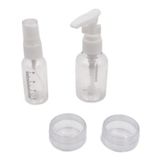 Kelioninių buteliukų rinkinys (4 dalys): 35 ml purškiklis + 50 ml pompa + 2 x 10 g kremo buteliukai