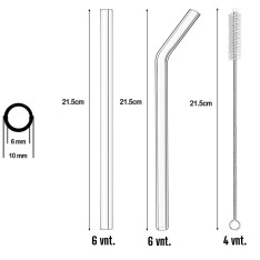 Stikliniai daugkartinio naudojimo šiaudeliai (12 vnt. + 4 šepetėliai)